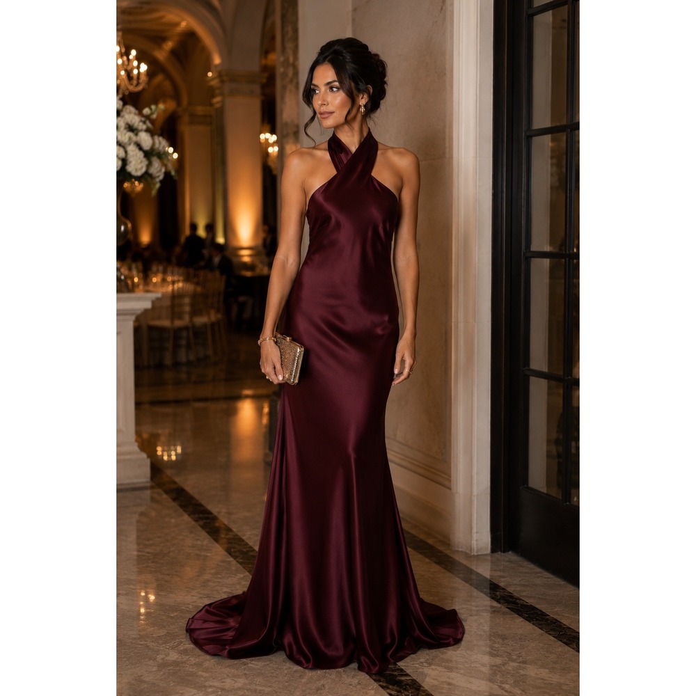 Lovely Cabernet Satin Halter Maxi Dress Crisscross Tie Back Formal Gown S, NWT